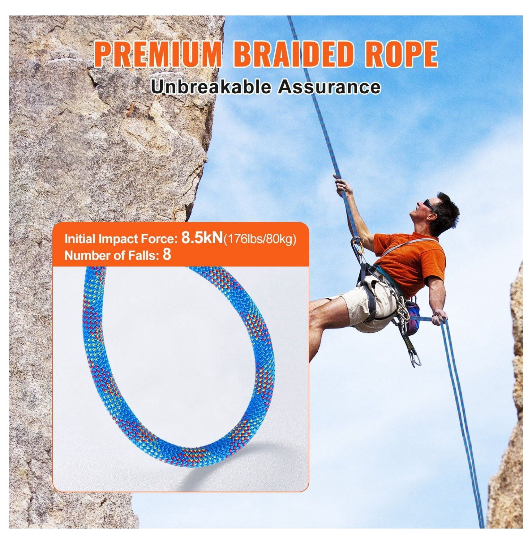 10.2mm Climbing Rope 60M - Dynamic Rope for Rock Climbing, Rappelling, Rescue - 25KN Strength with Steel Hooks - Blue