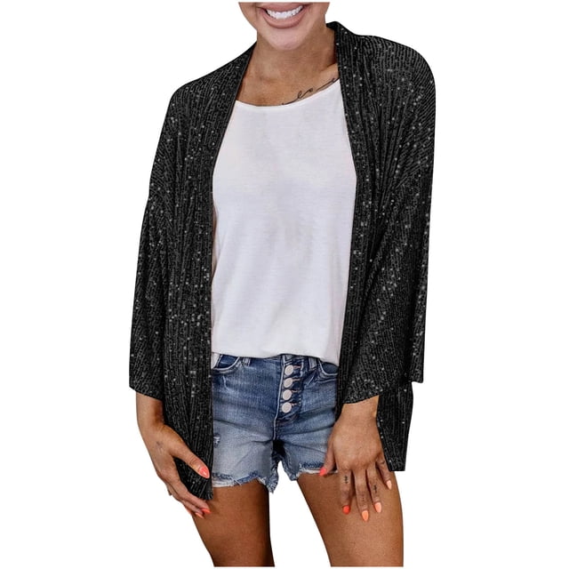 cfhntfmh Cardigan Ouvert pour Femmes Mode Blazer à Paillettes pour Fête Club Cocktail Veste à Paillettes