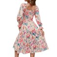 thumbnail image 5 of Xuanfei Women Floral Print Square Neck Smocked Bodice Tie Waist Flare Sleeve Dress, 5 of 6