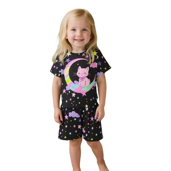 Boys Sleepwear Set for Everyday Leisure and Home Comfort Featuring Cartoon Cat Print Short Sleeve Top and Matching Shorts Ideal Nightwear for 4-14 Years Olds