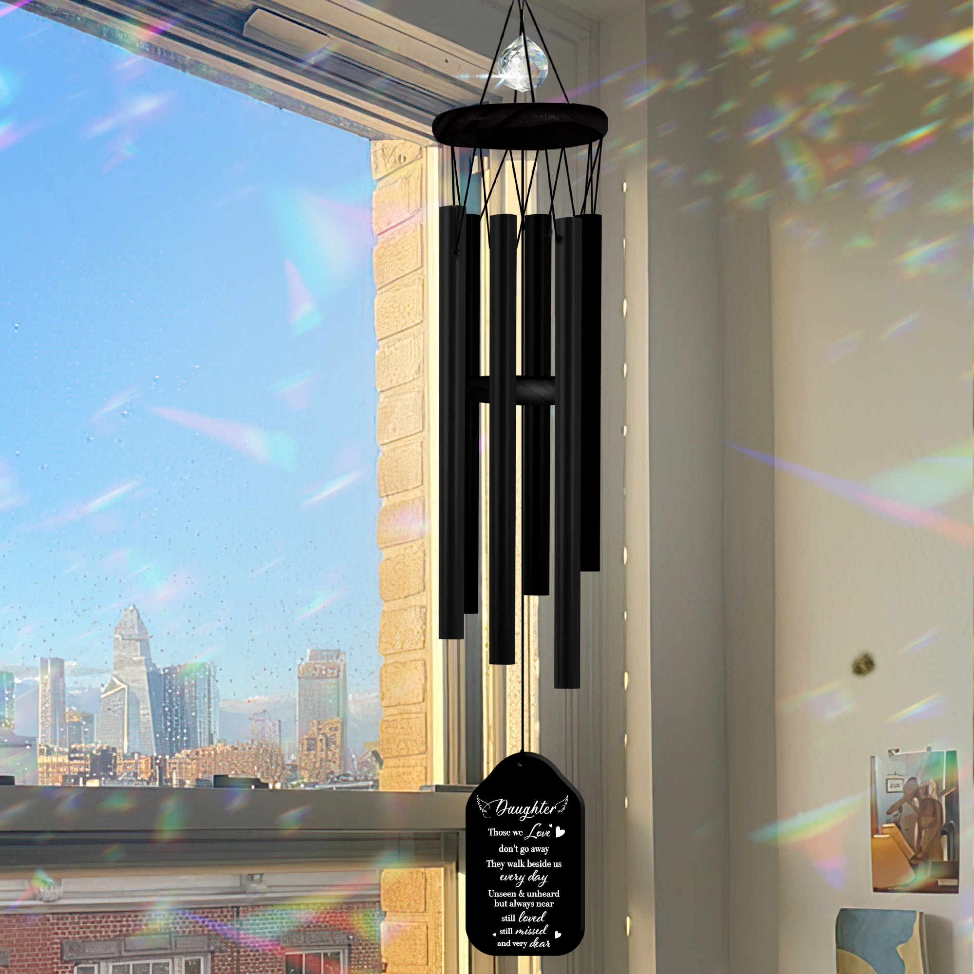 Memorial Wind Chimes Personalized for Daughter, Black Outdoor Sympathy Wind Chime with Crystal Accent, Double-Sided Engraved Design, Cardinal Tree Pattern, Includes Poem Card, Sunflower Card Gift Box