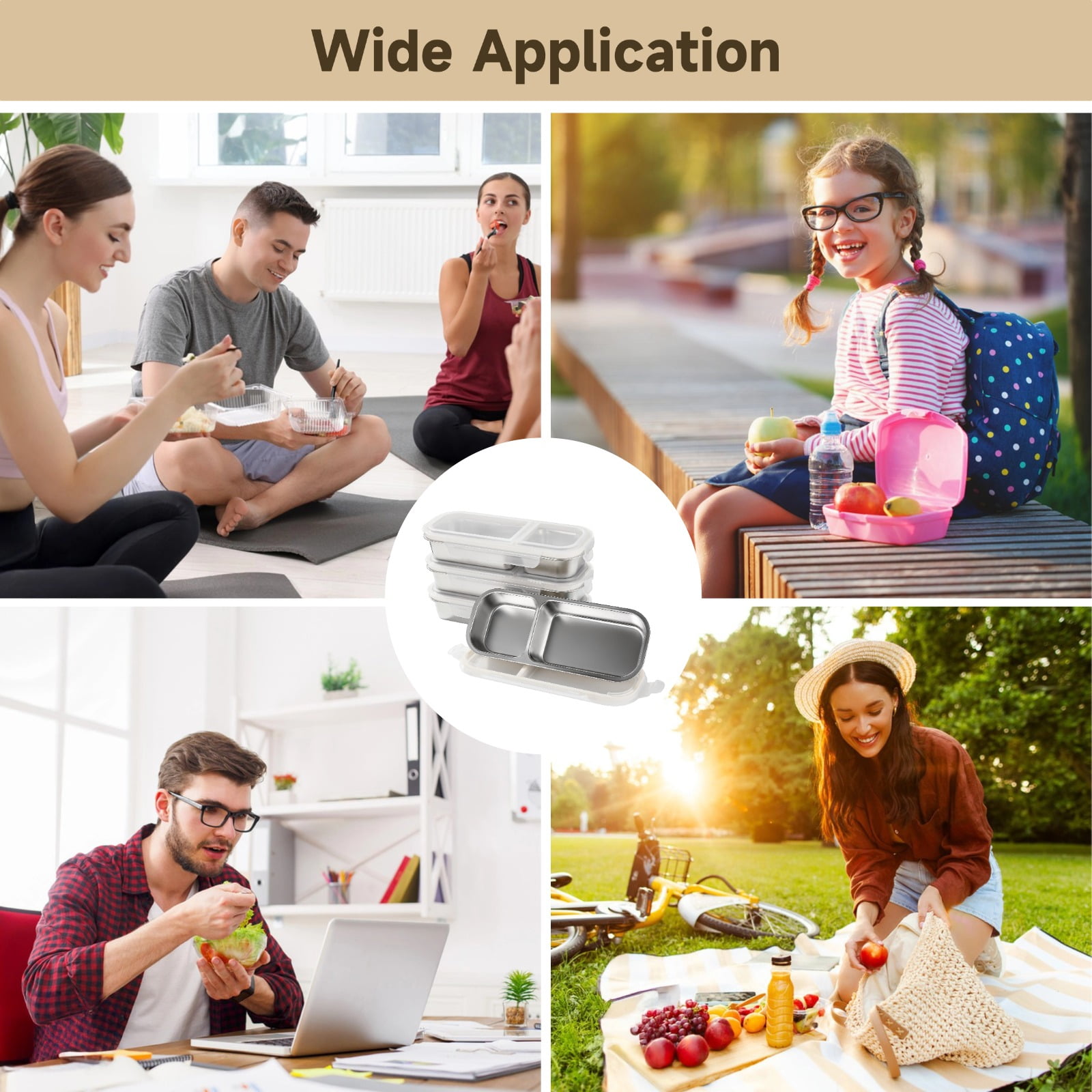 4 Pcs Stainless Steel Bento Boxes, 2-Compartment 23.7 fl oz Snack Containers with Leakproof Silicone Seals, Stackable Meal Prep Food Storage Box for Adults & Youngsters