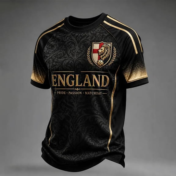 England 2026 Soccer Cup Lion Graphic Tee for Men, Short Sleeve Crew Neck Shirt with Red-Blue Brushstroke & Shield Print, Breathable Retro Fan Top, Lightweight Casual Jersey, 1 PC Black L