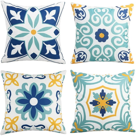 Outdoor Waterproof Throw Pillow Covers Set of 4 Floral Printed and Boho Farmhouse Outdoor Pillow Covers for Patio Funiture Garden 18x18 Inch Blue