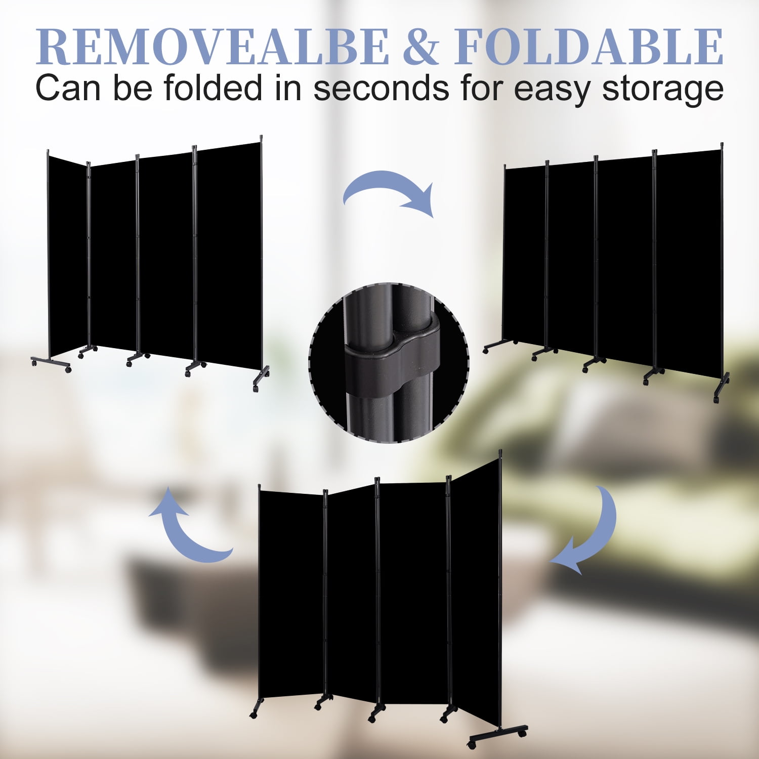 YASRKML 6FT 4 Panel Rolling Room Divider, Self-lockable Room Dividers and Folding Privacy Screens with Wheels, Partition Privacy Screens , Portable Wall Divider for Room Separation, Black