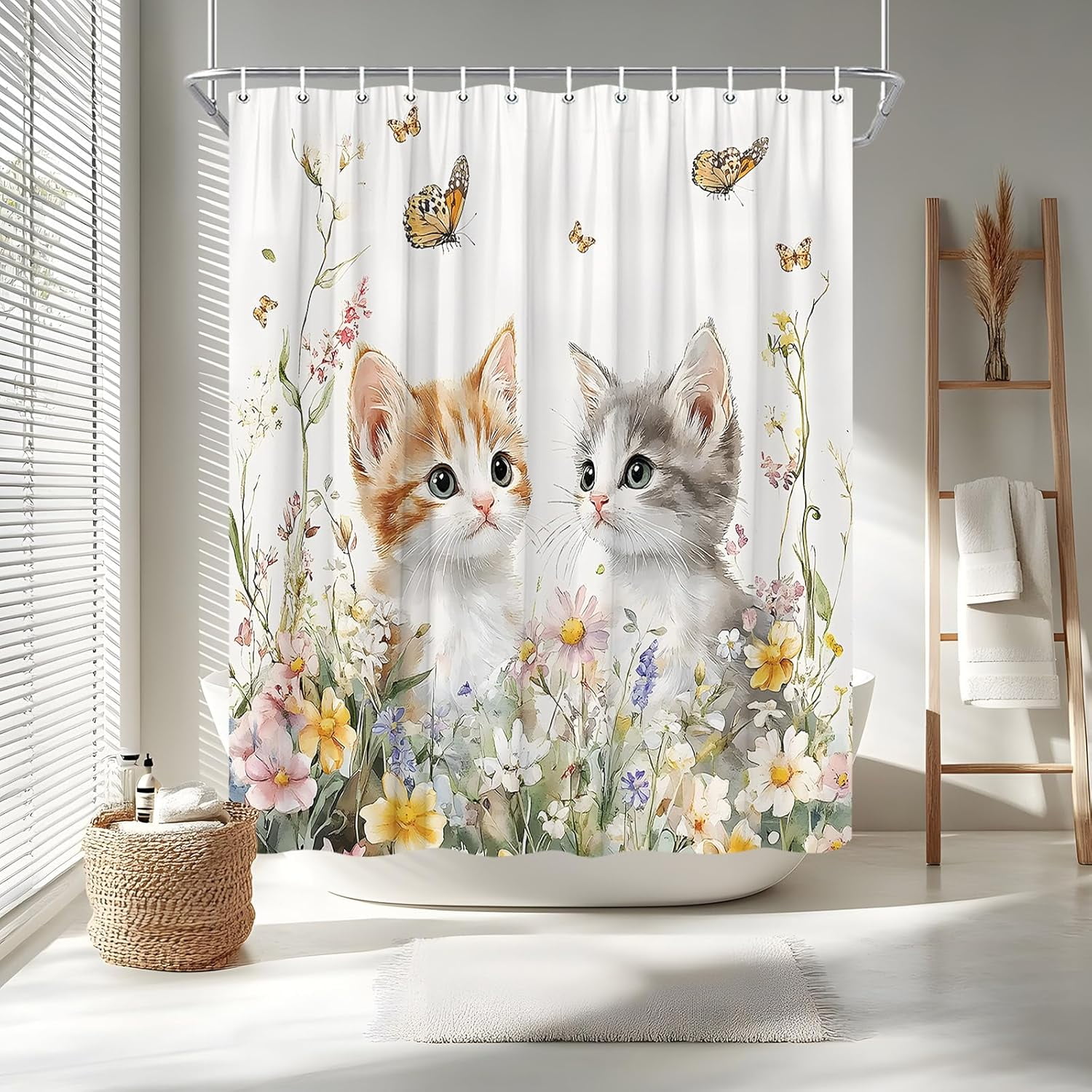 Butterfly and Kitten Floral Shower Curtain Cute Cat Spring Farmhouse Rustic Farm Animal Garden Cats Pet Lover Wildflower Bathroom Curtains Set Polyester Fabric with Hooks-72"W x 72"L (Pack of 1)
