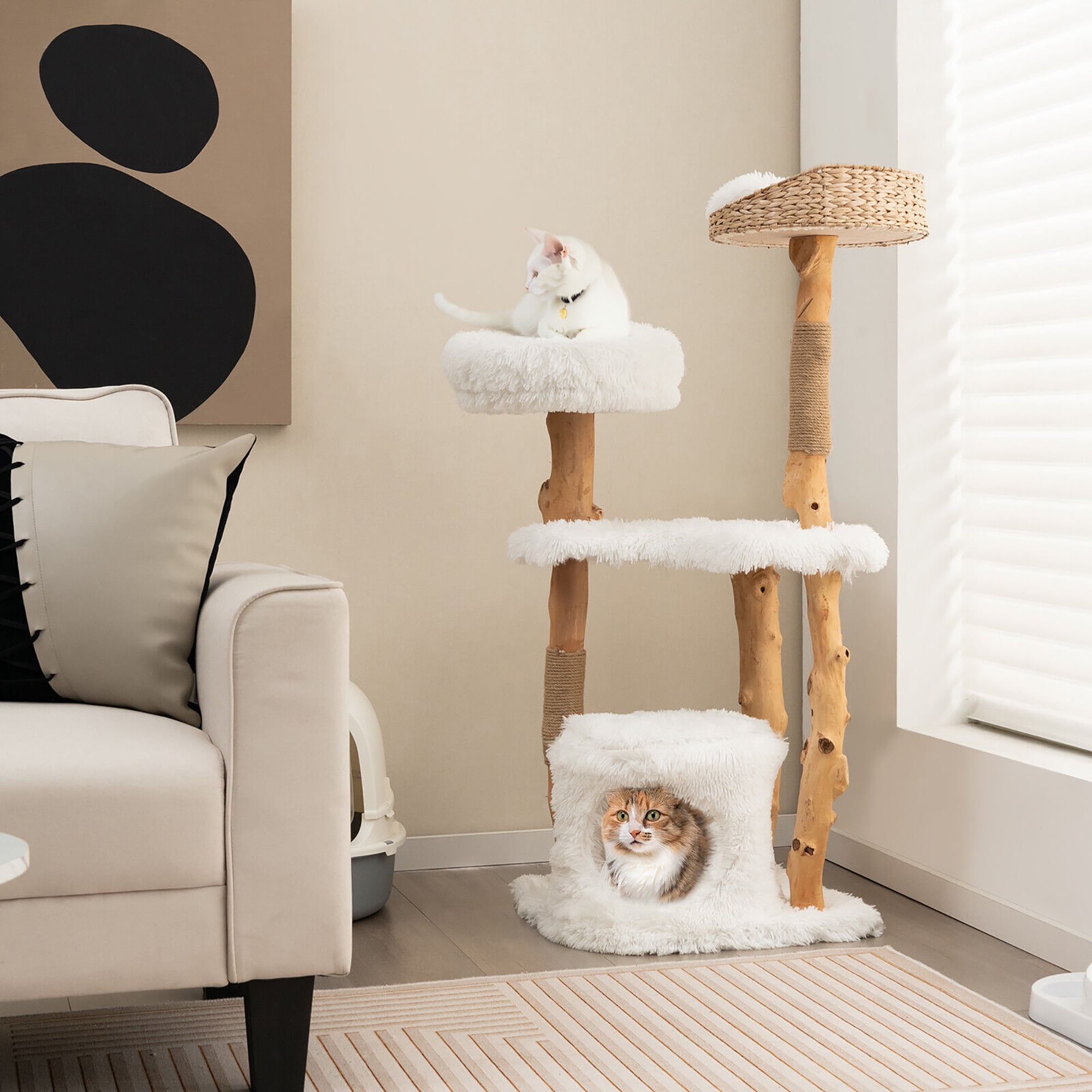 Gymax 49'' Tall Wooden Cat Tree Solid Wood Cat Tower with Jute Scratching Posts