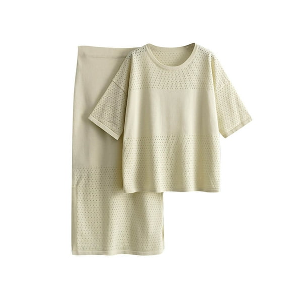 SnZhen Two Piece Sets for Women Summer Women's Knitted Solid Color Half Hip Wrap Skirt Two-piece Knitted Suit For Short Sleeved Shirt