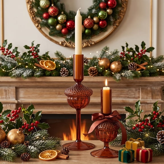 Pinecone Candle Holder Decorative Glass Candle Stand for Christmas Fall Home Decor Table Centerpiece Mantel Dining Room Party Decoration