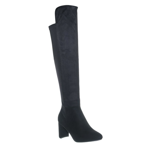 elastic block heel knee high boots