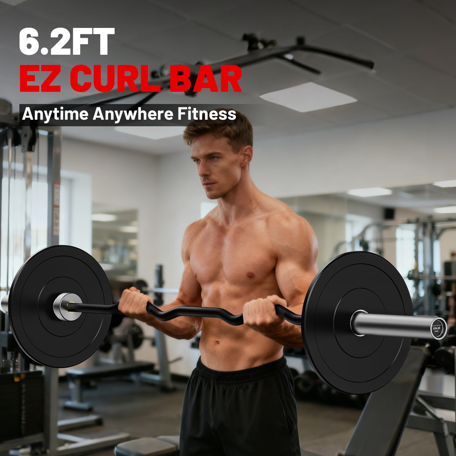 ROALW Olympic Barbell, 6.2ft Curl Barbell for Strength Training and Technique Adjusting, 2 inch Olympic Bar with Volcano Knurling Spin Sleeves Comfortable Grip for Bench Press Curls