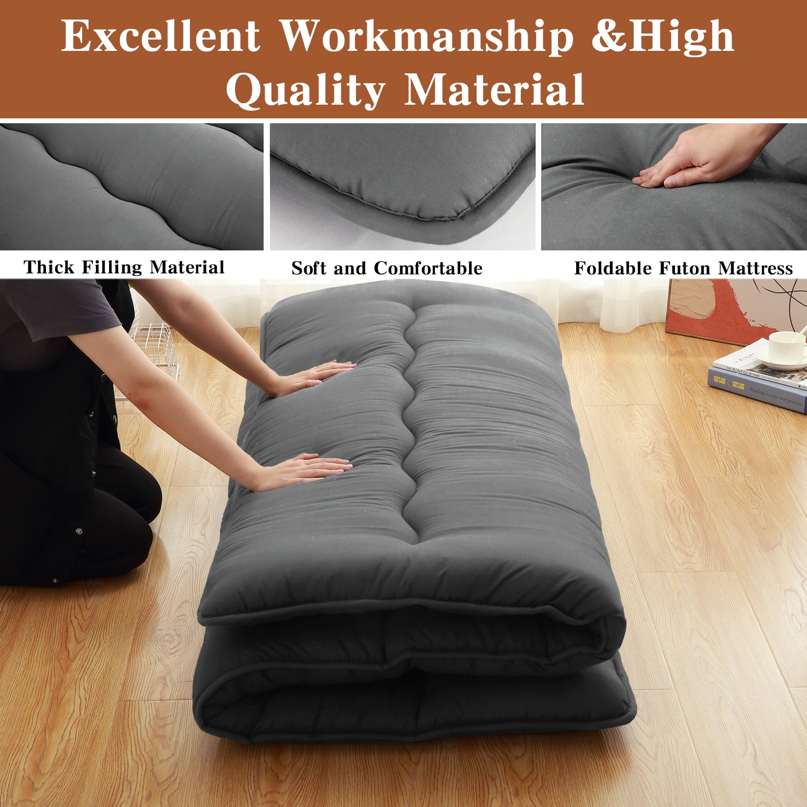 Japanese Futon Floor Mattress Twin/Full Size Sleeping Mat, Tatami Mat, Portable & Foldable Roll Up Camping Mattress Pad for Sofa Lounger, Dark Gray, Full (137*203cm)