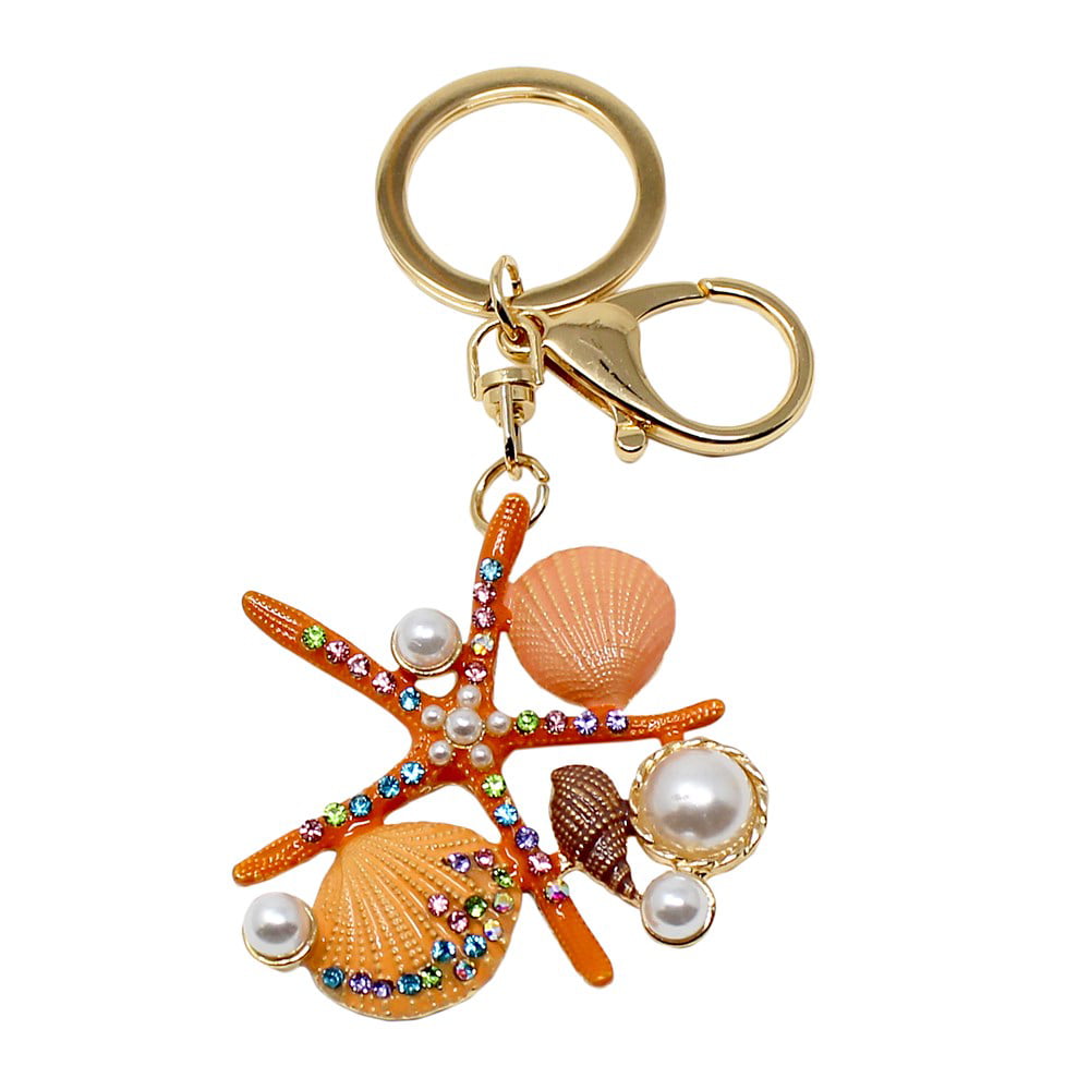 Starfish Scallop in Shell Shiny Crystal Key Chain Ring Keyring Keychain one