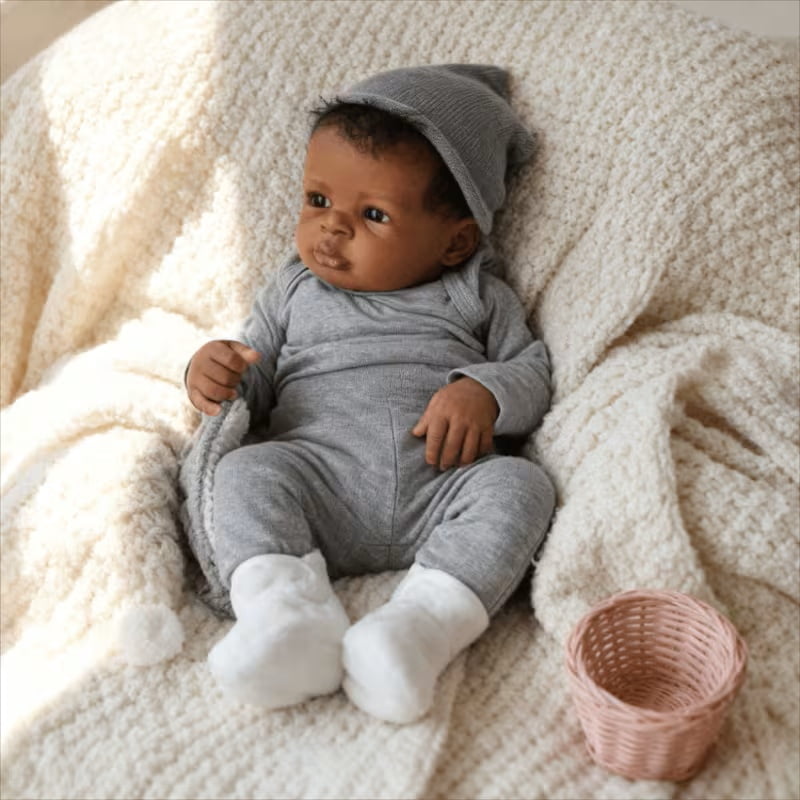 20 Inch Reborn Baby Doll Black Doll, Lifelike Baby Doll with Soft Cloth Body, Hand Rooted Curly Hair, Realistic African American Doll Toy for Kids Age 3+