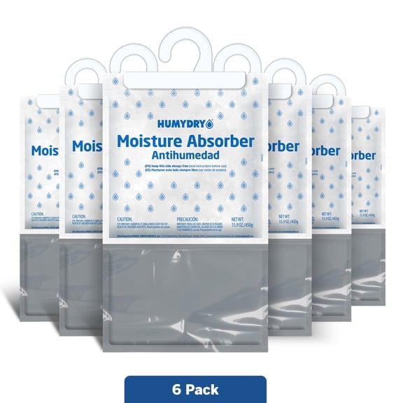 HUMYDRY Hanging Moisture Absorber for Closets, Pack of 6 Unscented 15.9 Oz Dehumidifier Bags, Non Electric Humidity Absorbers for Wardrobes Clothes Storage Areas and Small Enclosed Spaces