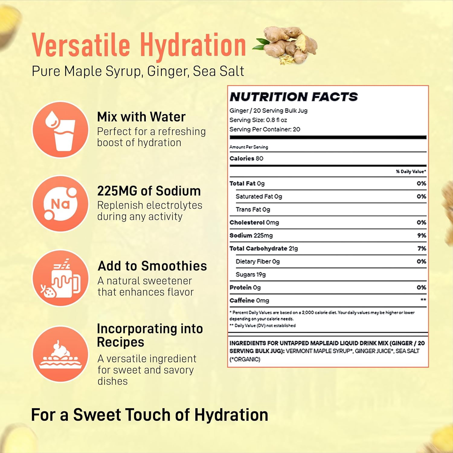 UnTapped Ginger Mapleaid - 20 Servings 16 fl oz Bulk Bottle Maple Syrup, Real Ginger & Sea Salt | Soothing Hydration Electrolytes & Digestive Support Ideal Running Fuel Powered by Pure Vermont Maple