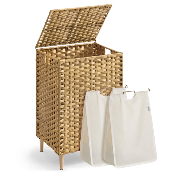 SONGMICS Laundry Hamper with Lid, PE Rattan,with Removable Liner, Storage Basket, 2-Section Sorter, 29 Gallons (110 L), Goose Yellow
