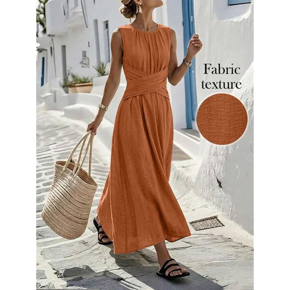Womens Orange Sleeveless Maxi Dress With Criss-Cross Waist, Casual V-Neck