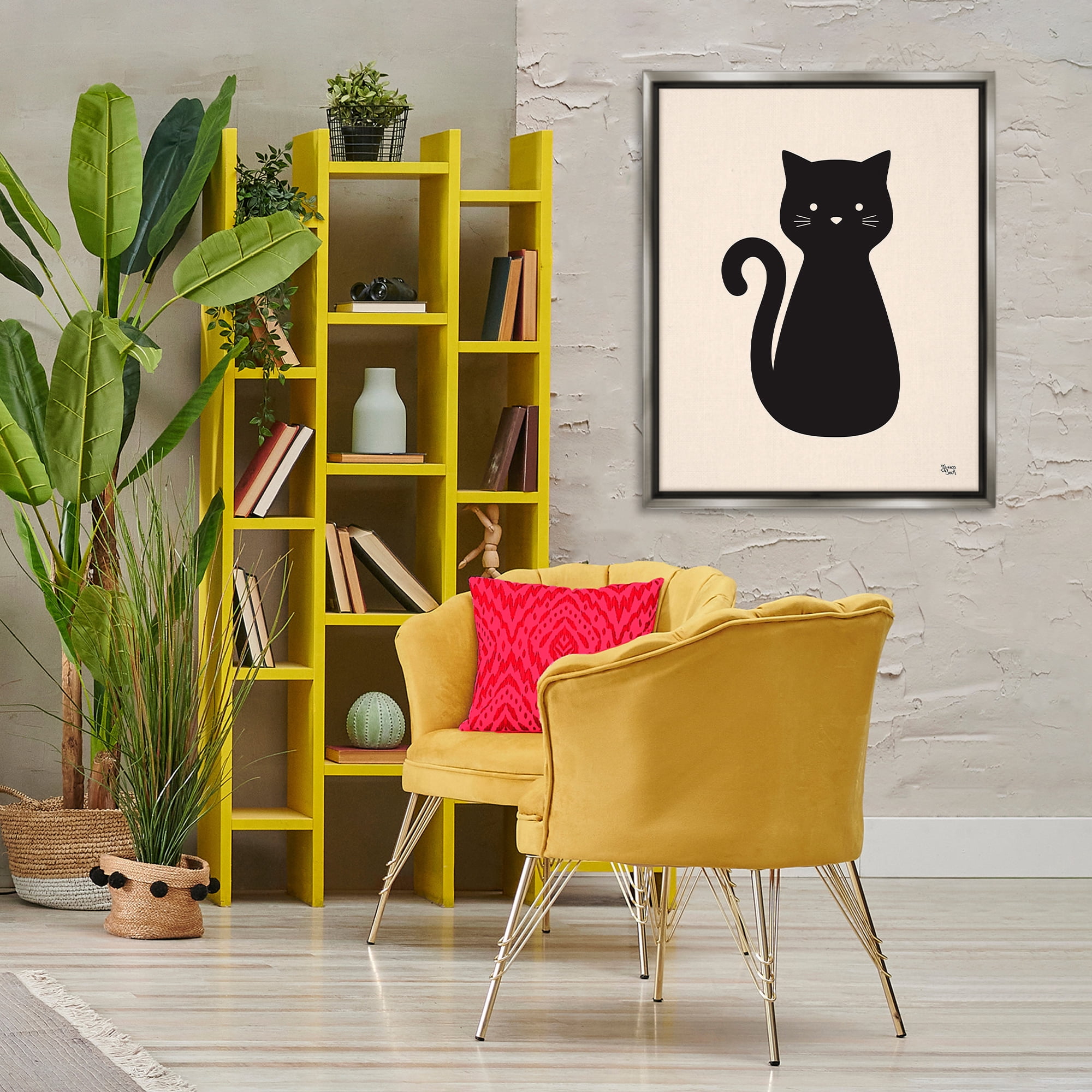 Stupell Industries Feline Grace Black Cat Animals Painting Gray Floater Framed Canvas Art Print Wall Art, 25 x 31