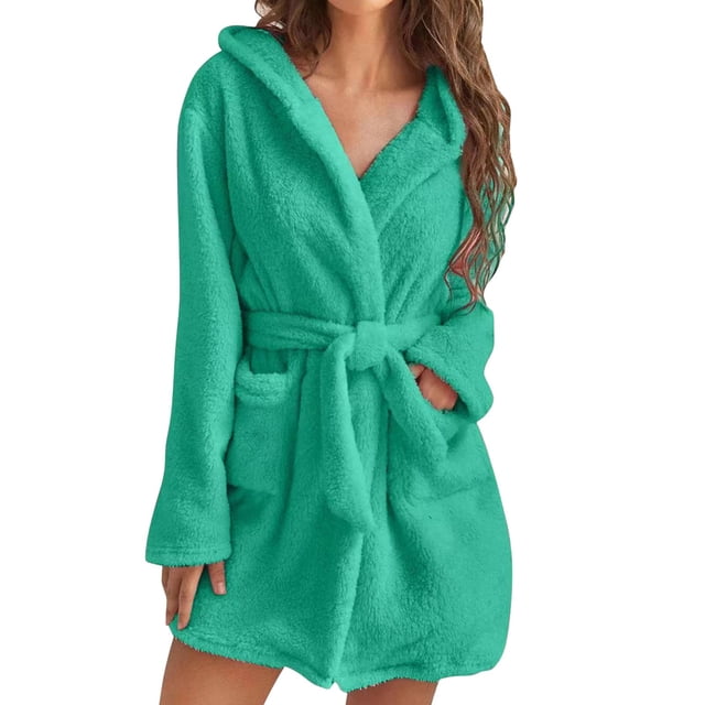 WZXFASHION Robe de Pyjama en Peluche à Manches Longues avec Poche et Capuche pour Femmes, Couleur Unie, Vert, Taille g