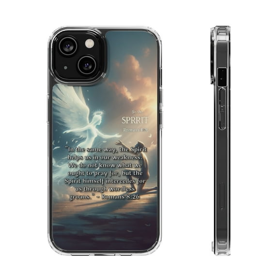 DistinctInk Hybrid (Acrylic / TPU) Clear Slim Fit Case for Apple iPhone 14 (6.1" Screen) - "The Spirit's Intercession: Romans 8:26 - Wordless Groans"