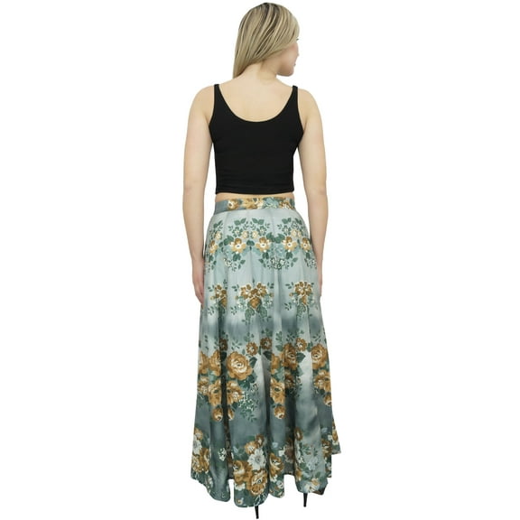 Bimba Women's Gray Floral Print Cotton Skirt Elastic Waist Maxi Summer Skirts-S