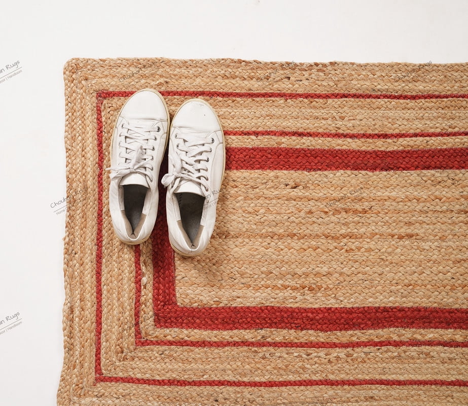 Rectangle Rug Natural Jute Rug Hand Braided Beige and Red Color Scalloped Area Rug