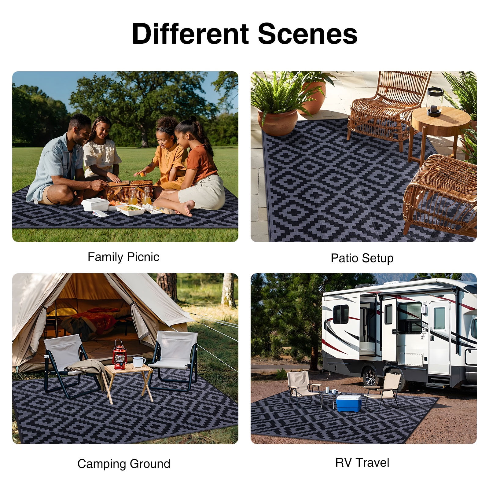 Smiry Outdoor Rug 8x10, Waterproof Reversible Plastic Outdoor Mat, Indoor Outdoor Rugs for Patio, RV, Deck, Porch, Black & Grey