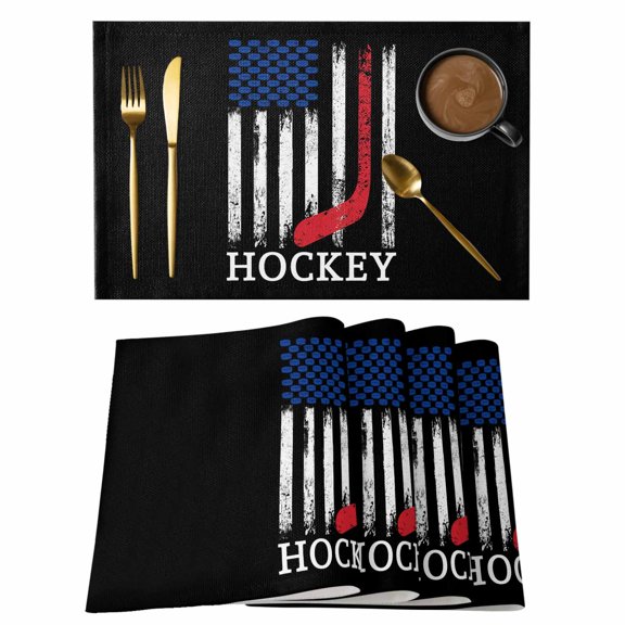 Black American Flag Placemats Set of 12, Abstract Red Hockey Stripes Us Flag Placemats for Dining Table, Place Mats for Kitchen Tabletop, Waterproof Wipeable Dining Table Mats Set