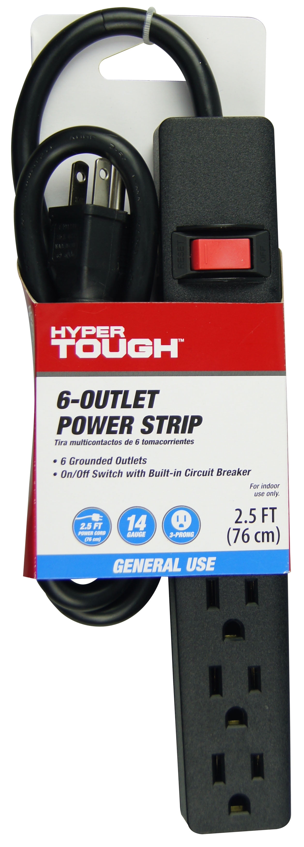 Hyper Tough 6Outlet 2.5ft Cord Power Strip, Black