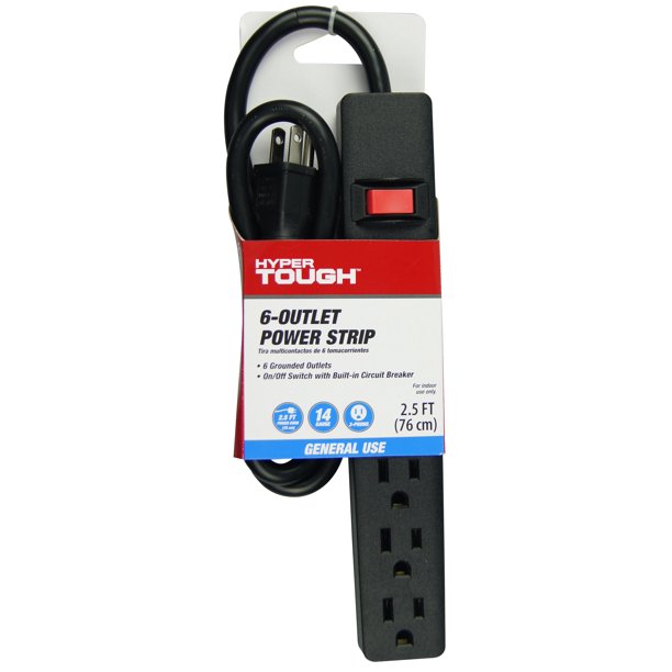 Hyper Tough 6Outlet 2.5ft Cord Power Strip, Black