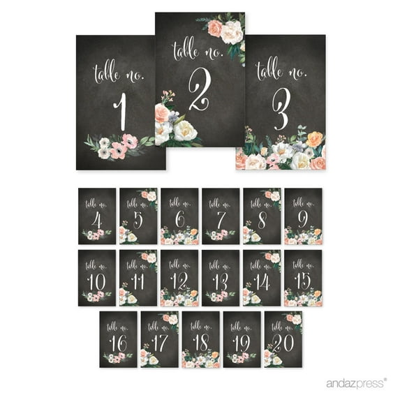 Peach Chalkboard Floral Garden Party Wedding Collection, Table Numbers 1 - 20, Single-Sided, 4 x 6-inch