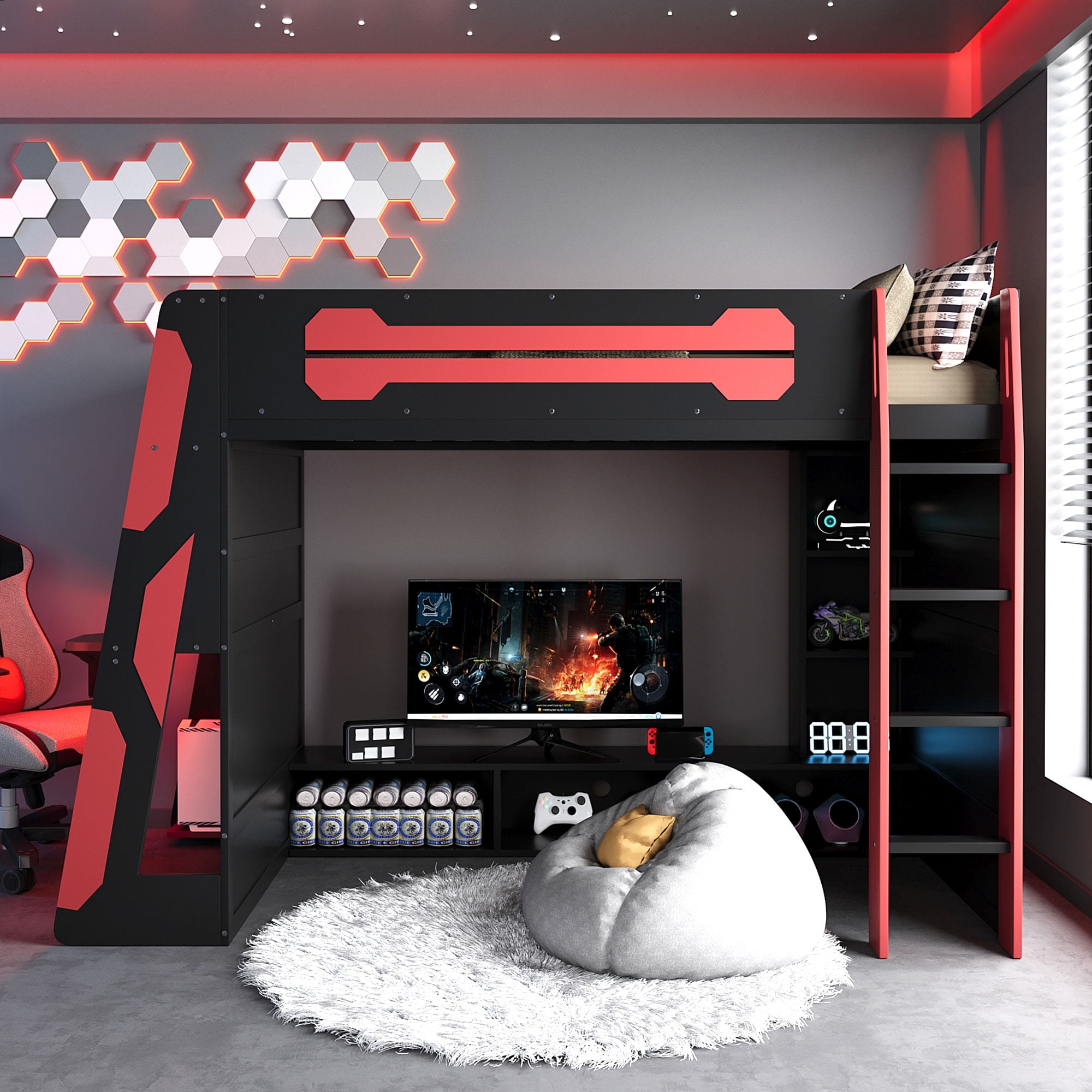 Aukfa Twin Size Gaming Loft Bed for Teens, Wood Esports Bed Frame with Desk, LED Lights, Charging Station & Storage Shelves, Red