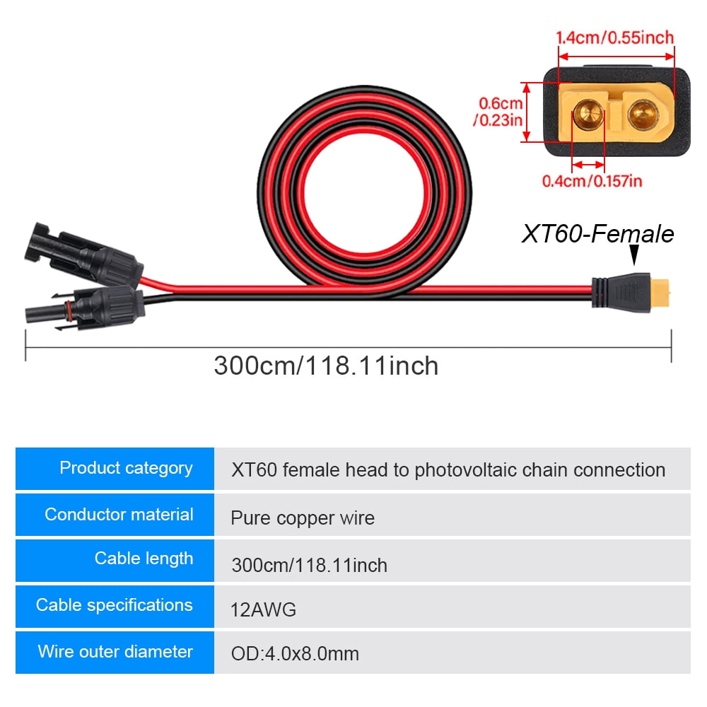 Hormy Solar to XT60 Charge Extension Cable 12AWG 10FT Solar Connector to XT60 Adapter Cable for Solar Panel RV Portable Power, IP67 Waterproof