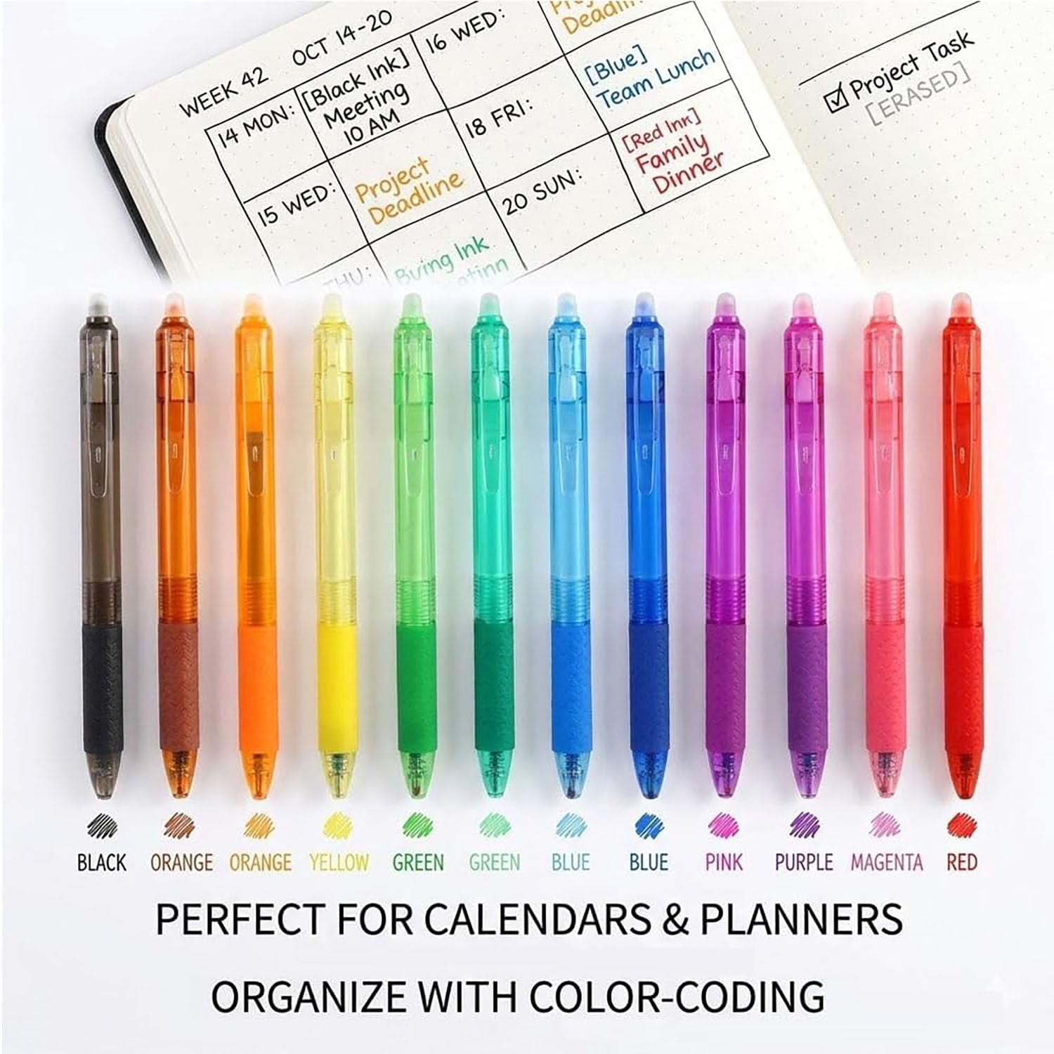 KANOHENO Multi-color Erasable Gel Pens 12 PCS,0.02in FinePoint Retractable Colored Rollerball Pens,Smooth Writing Pens for Note-Taking Planner Drawing