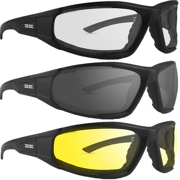 3 Pair Epoch Foam-2 Padded Motorcycle Sunglasses Black Frames 1 with Smoke Lens, 1 with Clear Lens, 1 with Yellow Lens