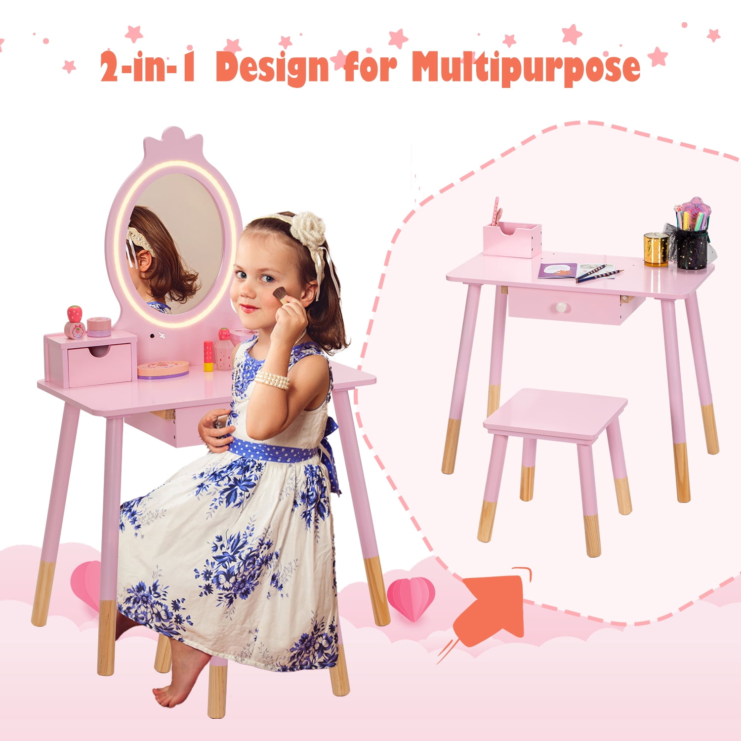 BRINJOY Kids Vanity Set with Mirror, Wooden Make Up Beauty&nbsp;Dressing Table with Lights & Stool & Jewelry Rack & Storage Board, Children Princess Vanity Table Pretend Playset for Girls