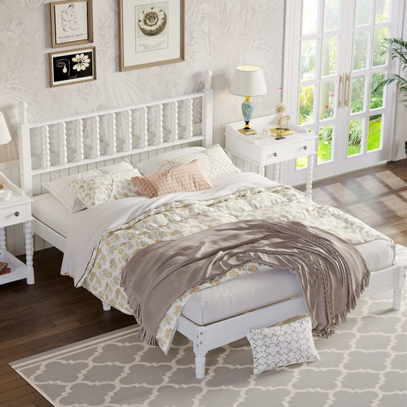 SESSLIFE Platform Bed Frame, Wood Queen Bed Frame with Gourd Shaped Headboard for Bedroom, Modern Queen Size Bed with Wood Slat Support, Holds 500 lb, No Box Spring Needed, White