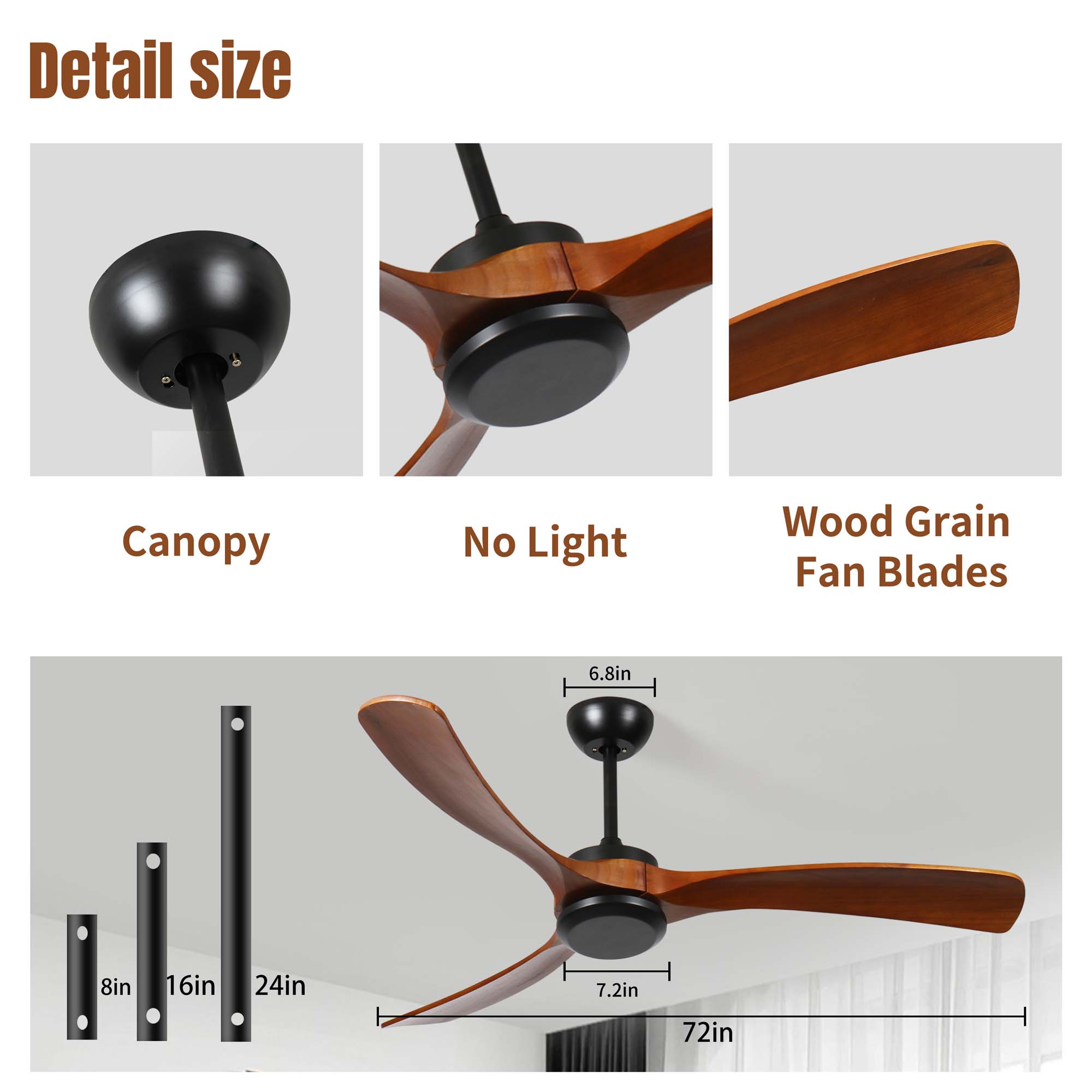 Miniyam 72 inch Wood Ceiling Fan No light with Remote Control, Low Profile Ceiling Fan without Light, Noiseless Reversible DC Motor with Timer