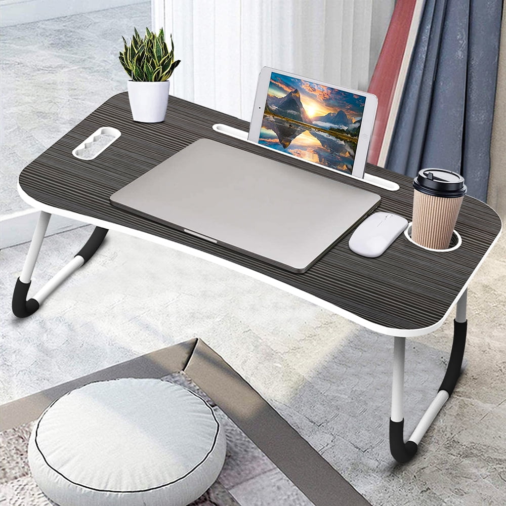 Tablet Desk, SEGMART Small Folding Tray Table with iPad Slot, USB Cable Slot, Cup Holder