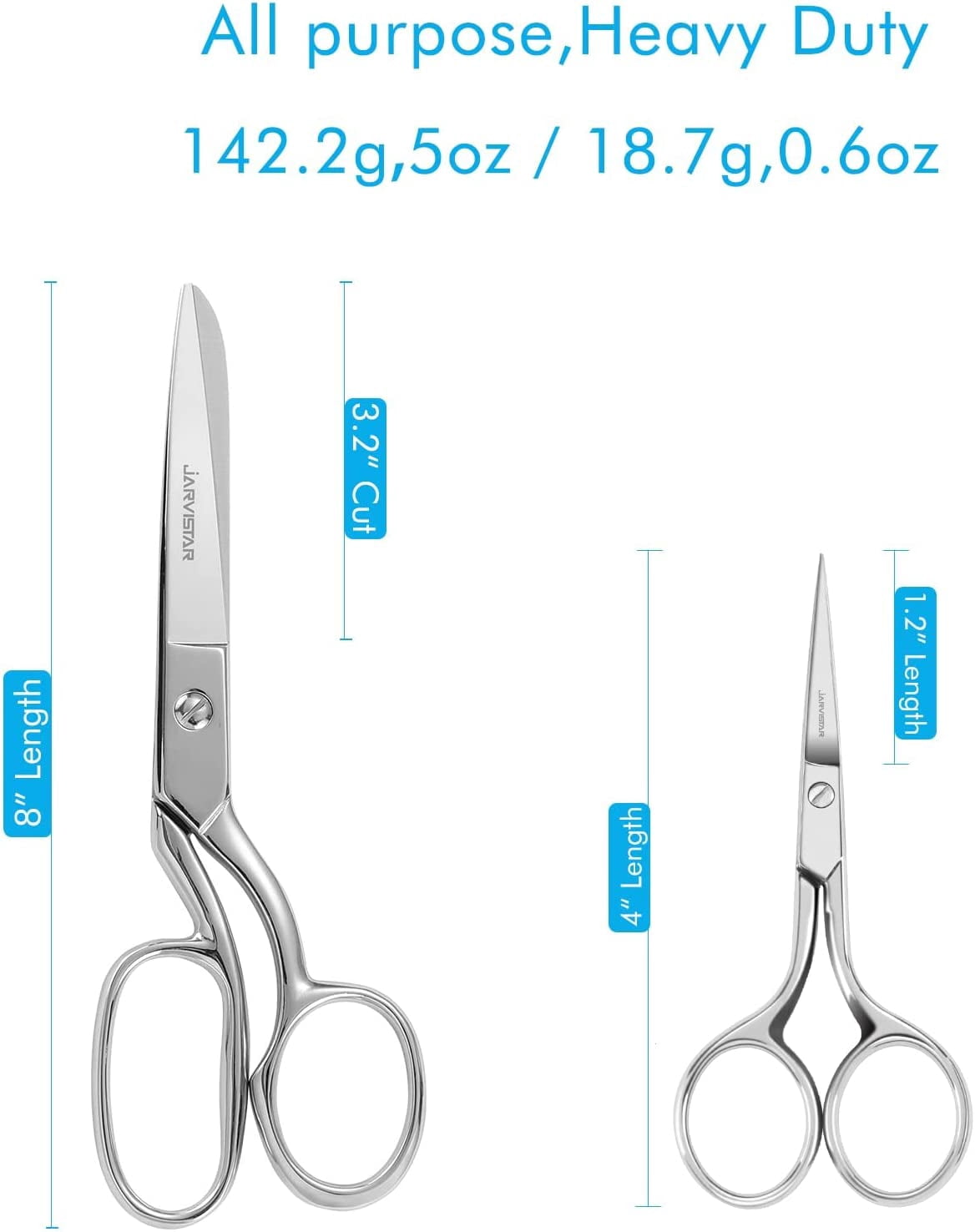 ABCISI 2 Pack Heavy Duty Fabric Scissors: Stainless Steel Shears, Sharp Knife Edge Steel Sewing Shears for Embroidery, Fabric Sewing, Tailoring,  Leather Craft (4 & 8 inch)