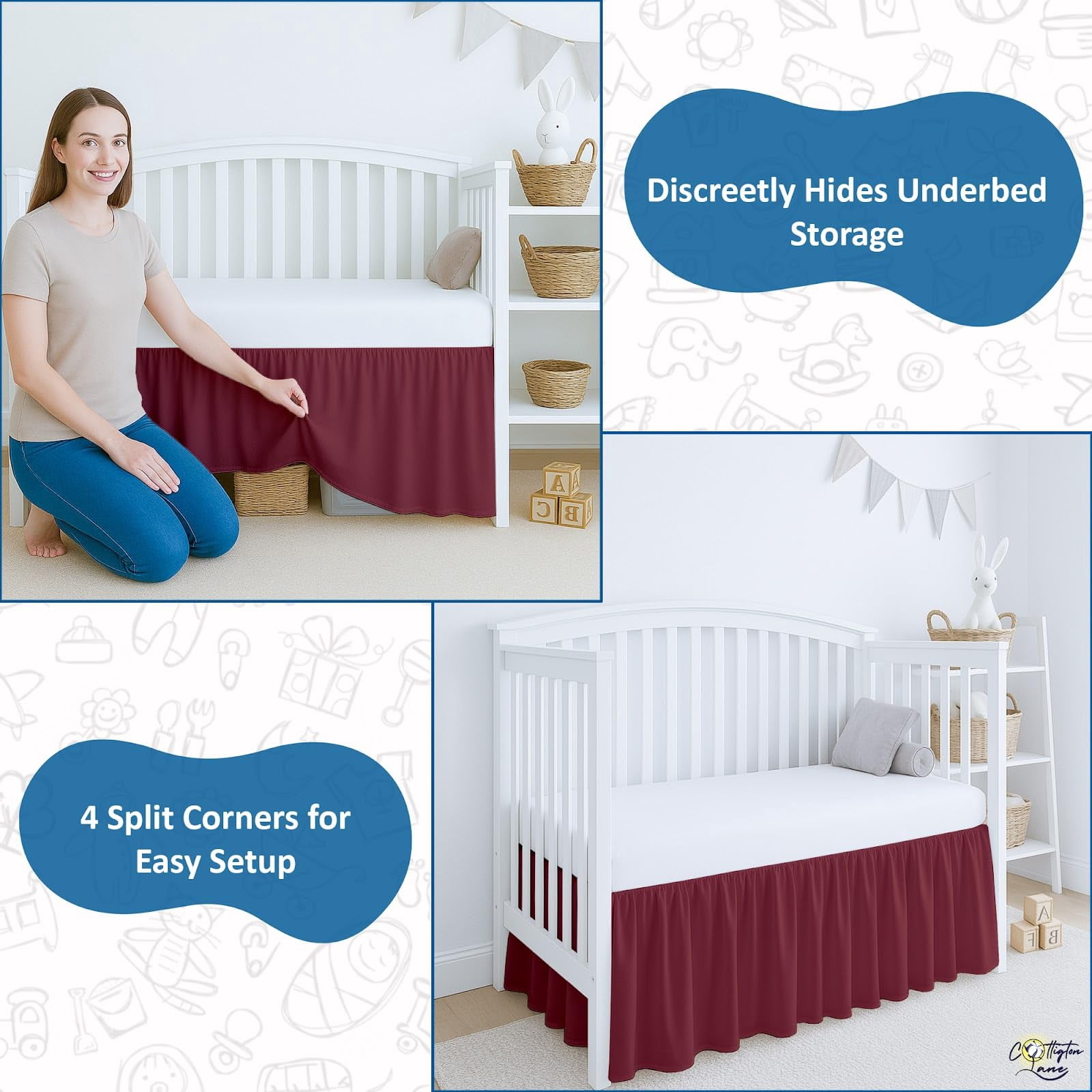 Burgundy Skirt Dust Ruffle  Soft & Durable Bedding For Or Fits Standard 28" X 52" With 14" Drop Classic Ruffled Design