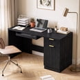 thumbnail image 2 of Waleaf 55" Computer Desk with Drawers & Storage Shelves, Modern Home Office Desk with Keyboard Tray, Sturdy Wood Study Writing Desk for Bedroom Living Room（Black）, 2 of 8