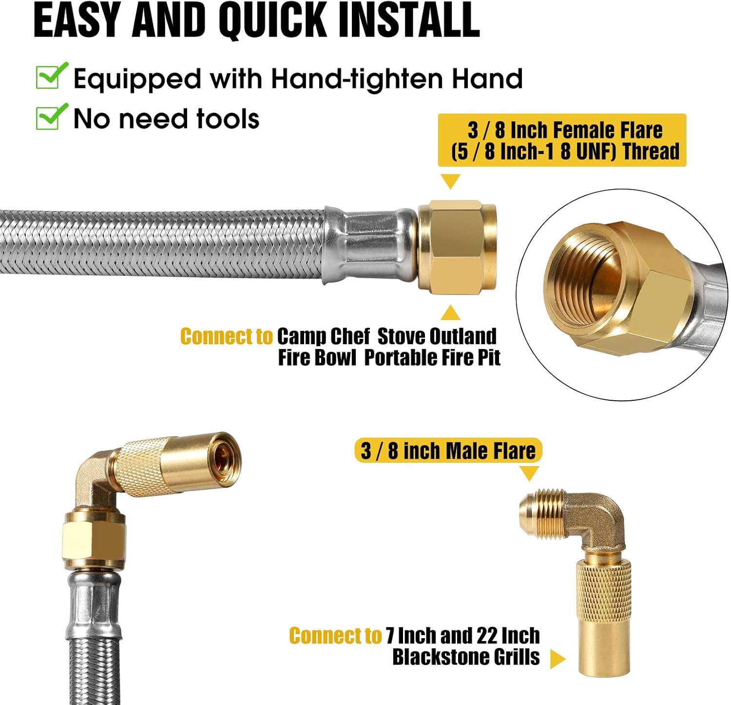 24FT Quick Connect Propane Hose for RV to Gas Grill, RV Quick Connect with 1/4" Safety Shutoff Valve, LP Quick Disconnect Propane Hose with Elbow Adapter for Blackstone 17"/22" Griddle