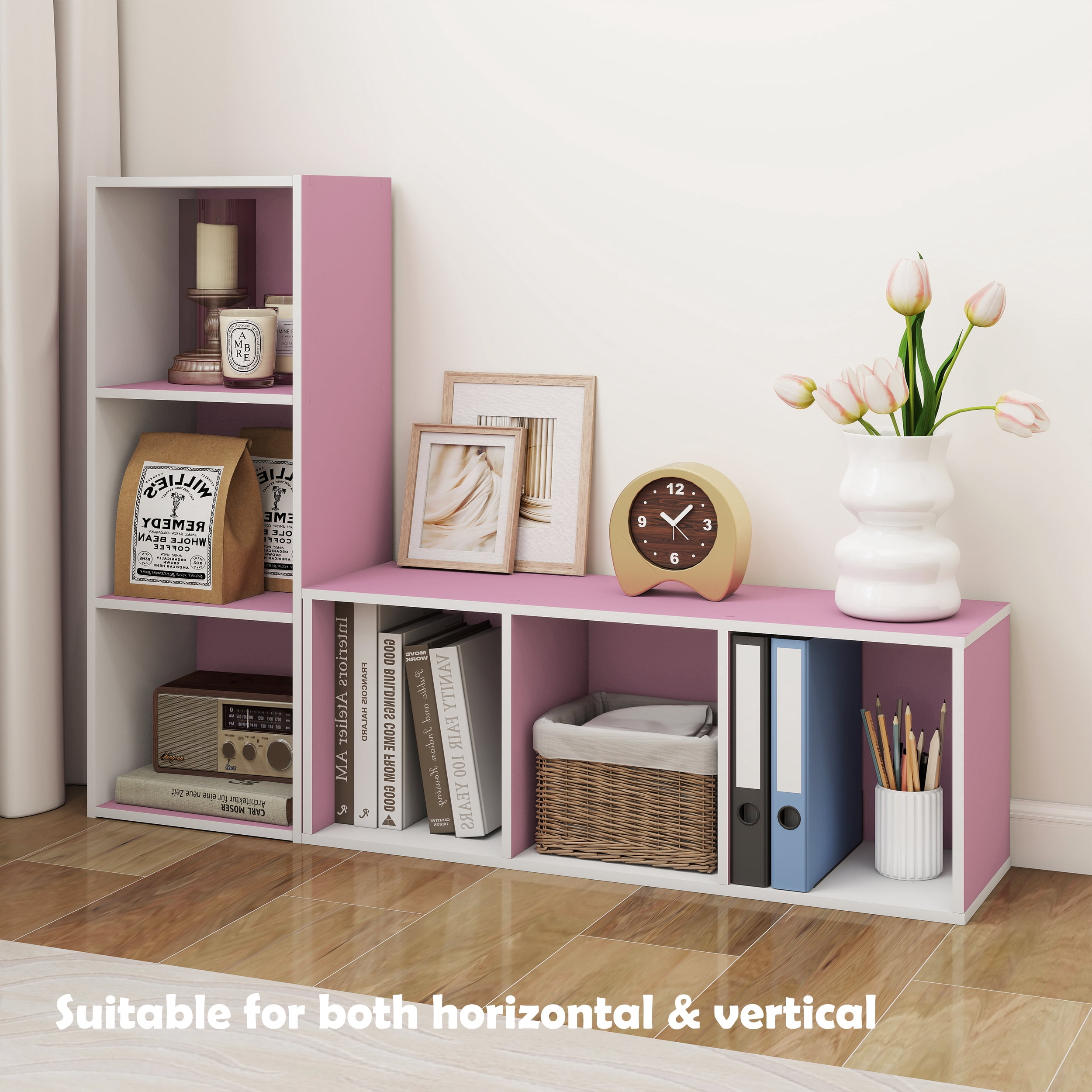 HOMLUX Luder 3-Tier Cube 31.5" Bookcase, Wood Storage Shelf, Small Bookshelf for Home Office & Bedroom, White & Pink
