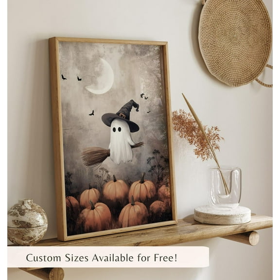 Cute Ghost Wall Art Canvas Artwork Wall Decor Ghost with Broomstick Prints Painting Art Prints Picture Halloween Home Bedroom Decoration No Frame