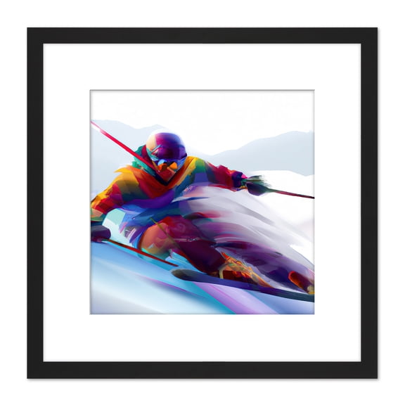 Skier Skiing Slope Freestyle Slalom Modern Bright Colourful Oil Paint Square Wooden Framed Wall Art Print Picture 8X8 Inch