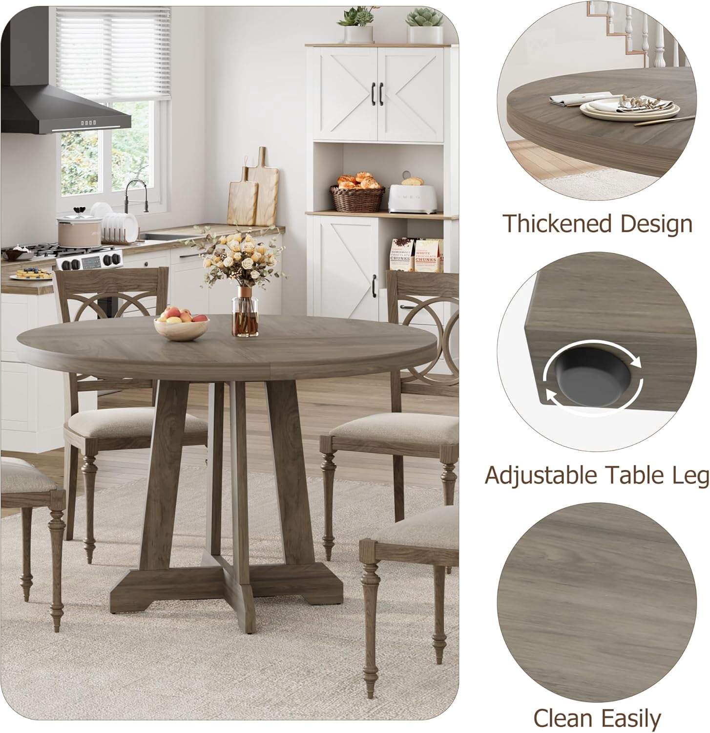 47-Inch Round Wooden Dining Table, Farmhouse Style for 4-6 People with Adjustable Legs, Sturdy Wood Top, and Rustic Design for Dining Room and Living Room (Gray)