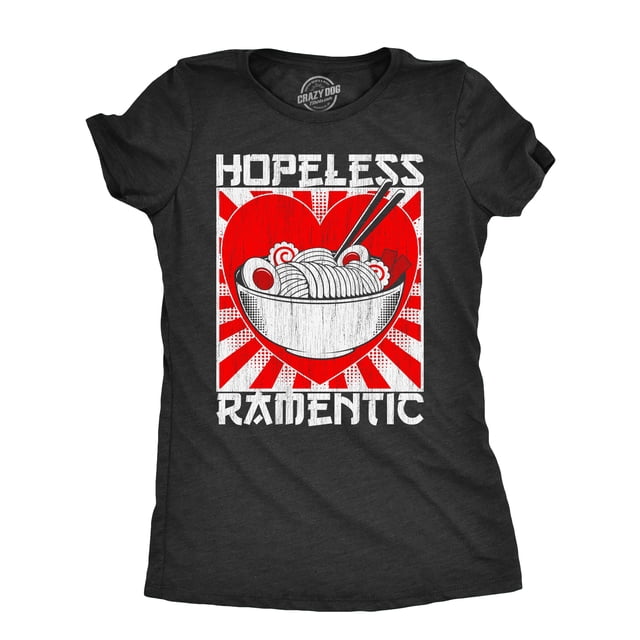 Womens Hopeless Ramentic T Shirt Funny Ramen Noodle Takeout Lovers Tee for Ladies (Heather Black - RAMENTIC) - L