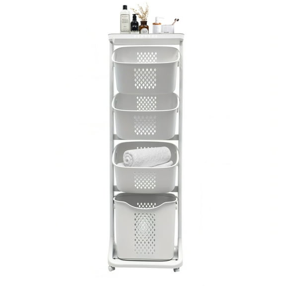 4-Tier Laundry Hamper Sorter, Laundry Storage Organizer with Wheels Removable Rolling Laundry Baskets, Bathroom Cart for Dirty Clothes, White